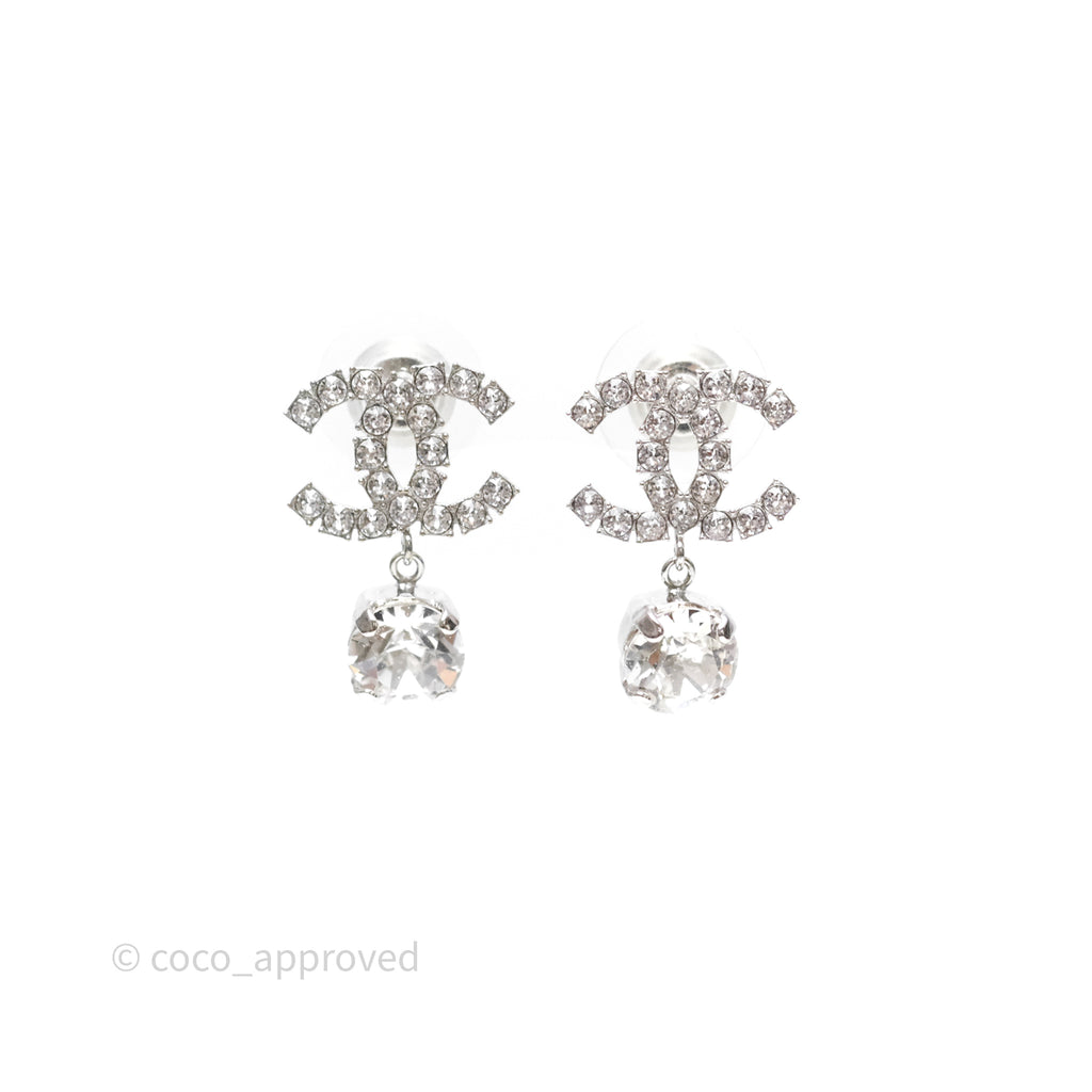 Chanel Crystal CC Drop Earrings Silver Tone 22V