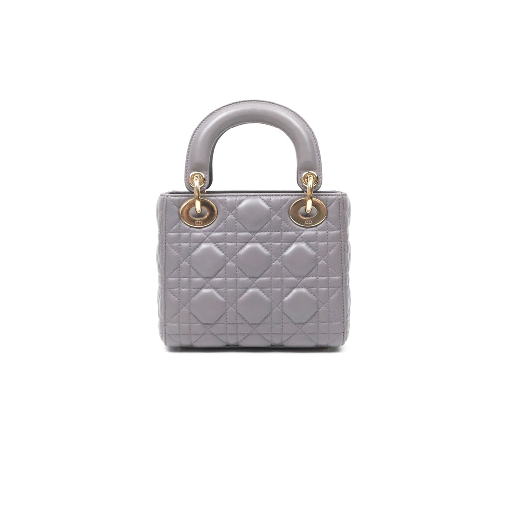 Christian Dior Mini Lady Dior Grey Lambskin Cannage Gold Hardware
