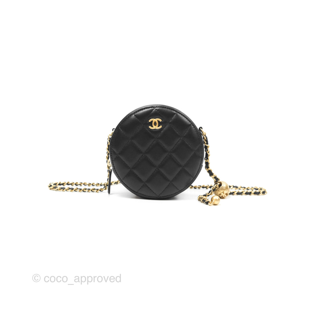 Chanel Quilted Round Pearl Crush Clutch With Chain Black Lambskin Gold Hardware