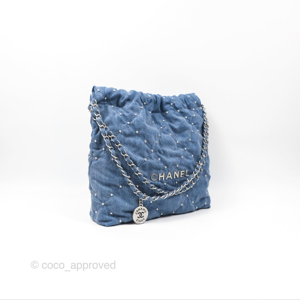 Chanel 22 Small Pearl Studded Denim Silver Hardware