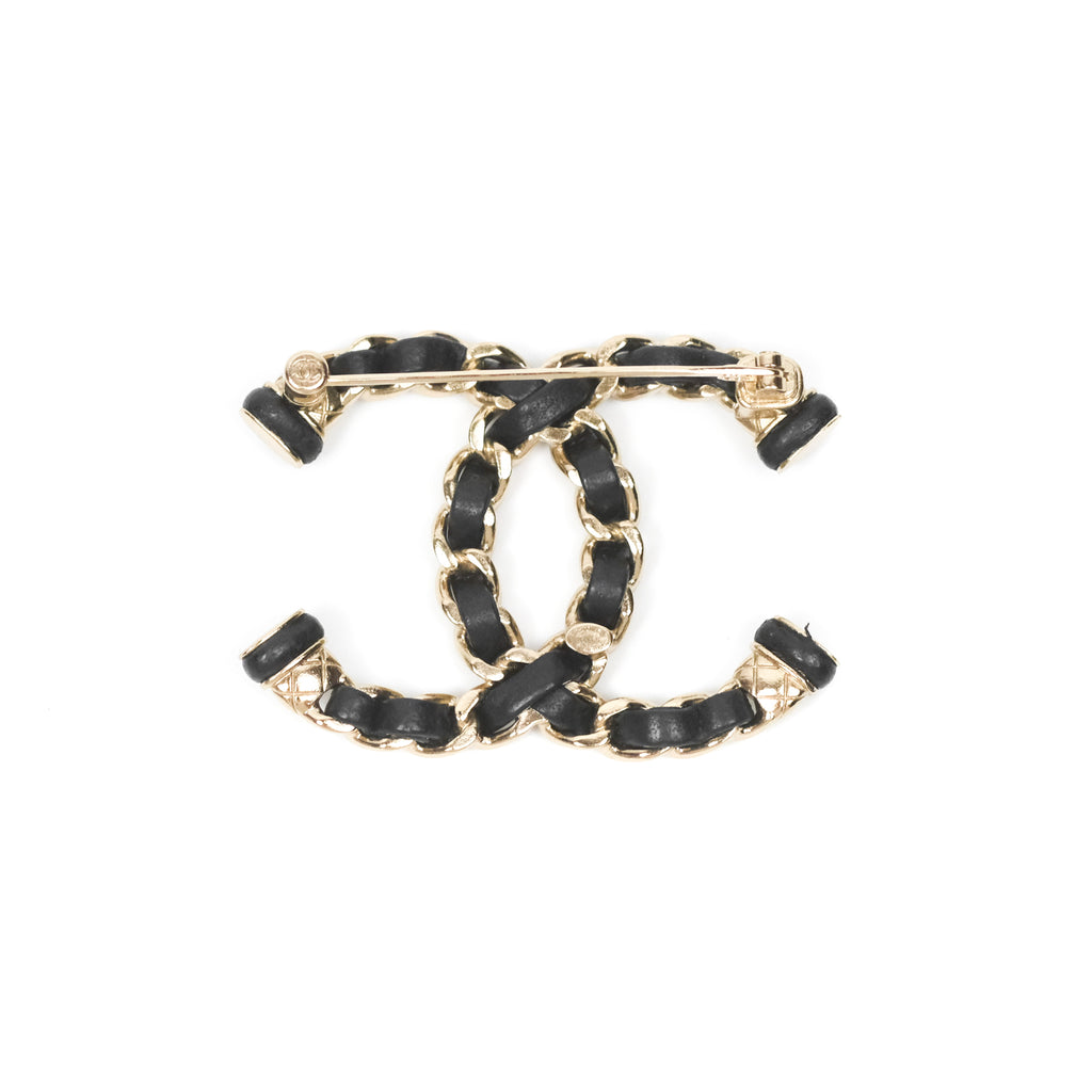 Chanel CC Black Lambskin Brooch in Gold Tone 21S