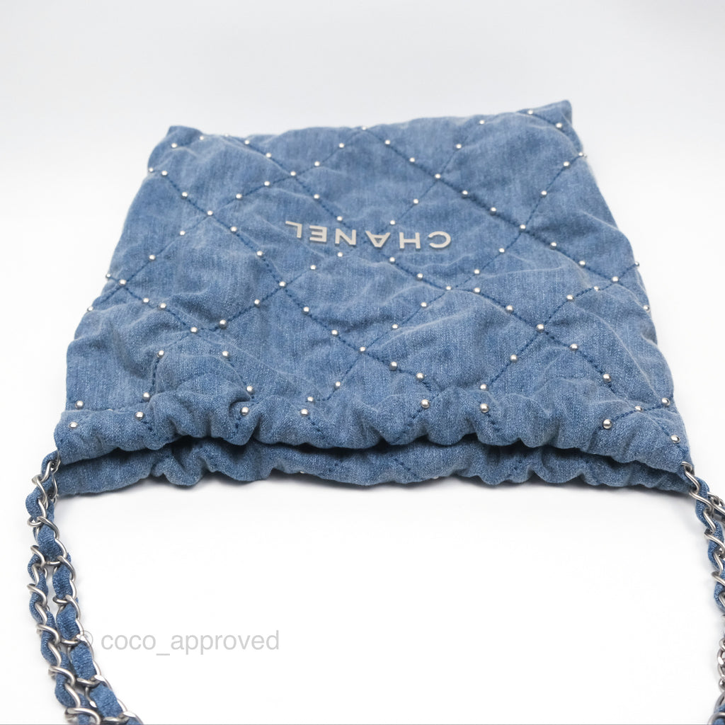 Chanel 22 Small Pearl Studded Denim Silver Hardware