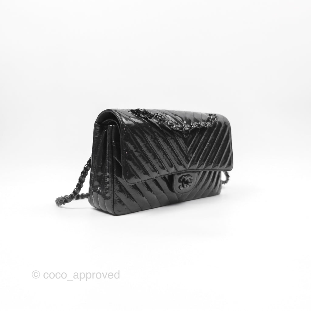 Chanel Classic Chevron M/L Medium Double Flap So Black Patent Calfskin