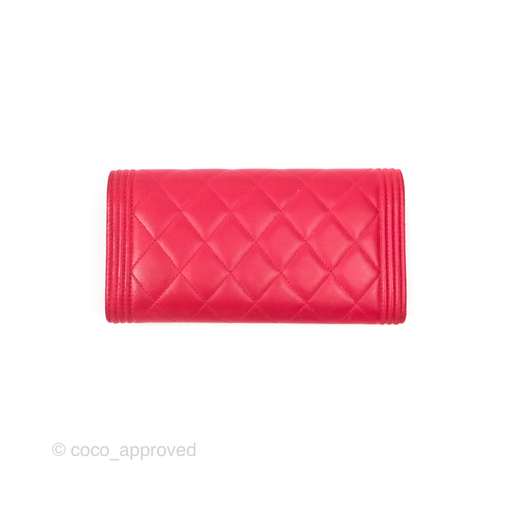 Chanel Quilted Boy Flap Long Wallet Red Lambskin Gold Hardware