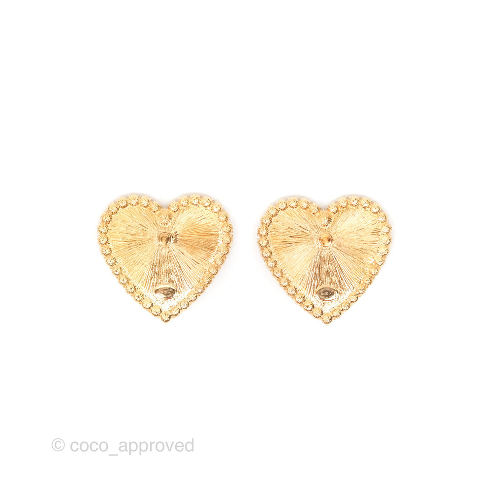 Chanel Crystal Pearl Heart Earrings Gold Tone 24A