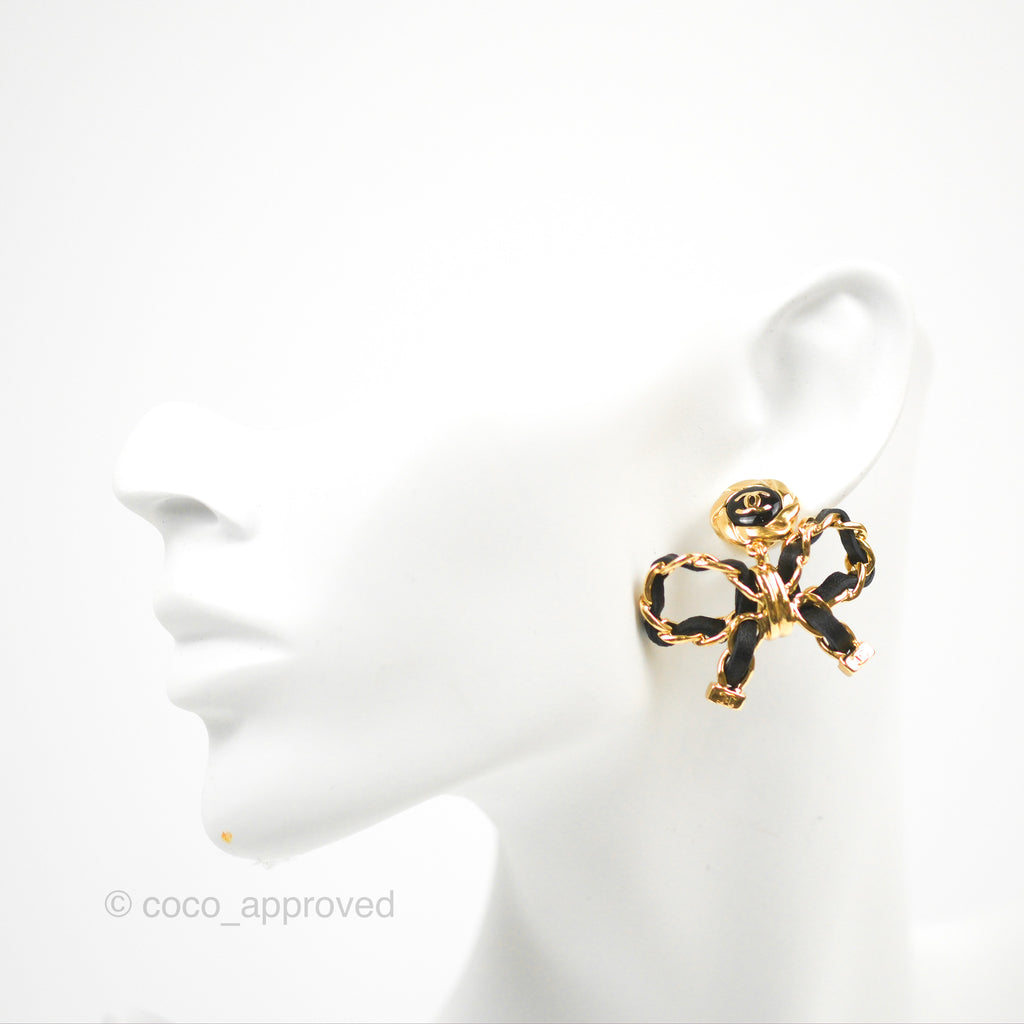 Chanel CC Lambskin Chain Bow Stud Earrings Black Gold 22A