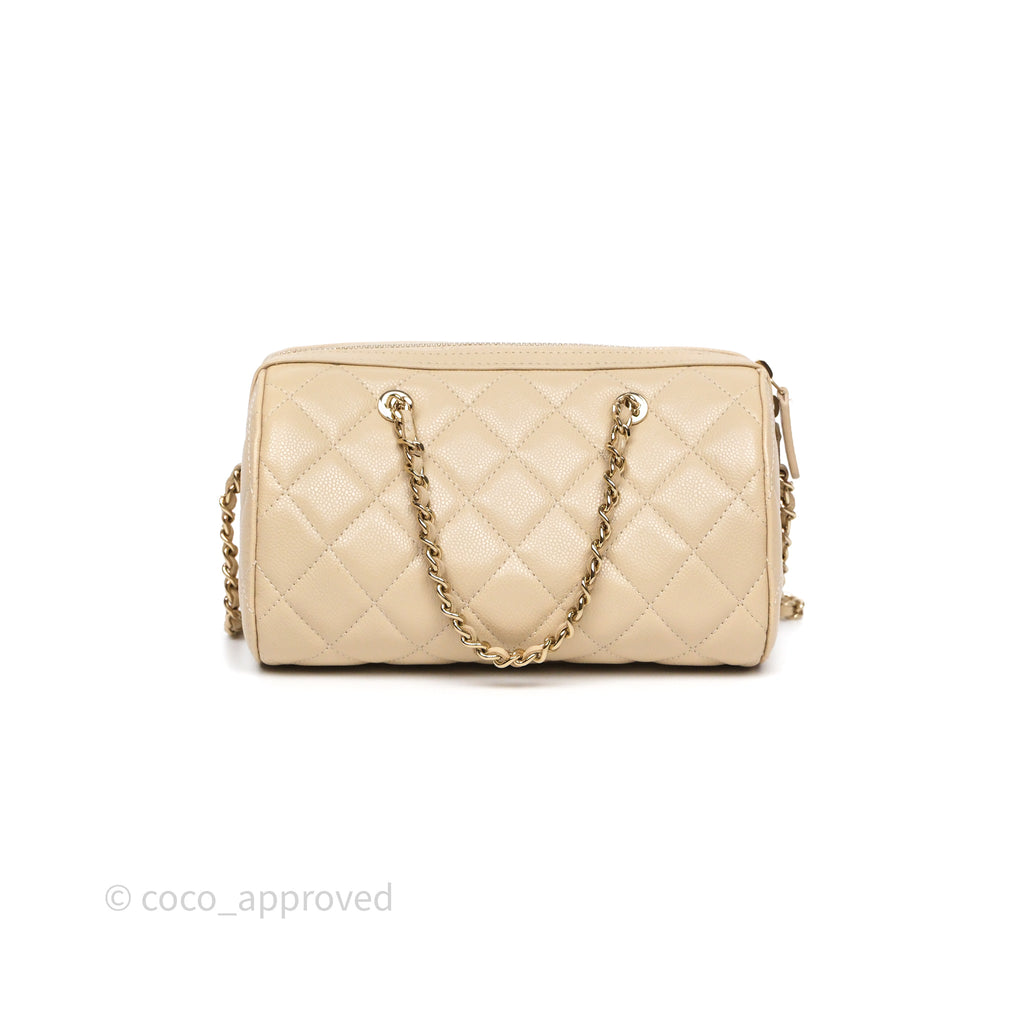 Chanel Mini Quilted Bowling Bag Beige Caviar Gold Hardware 25P