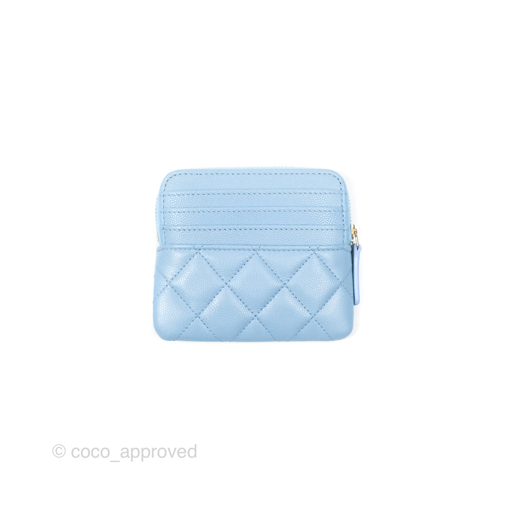 Chanel Quilted Crystal CC Zip Card Holder Wallet Light Blue Caviar Gold Hardware 