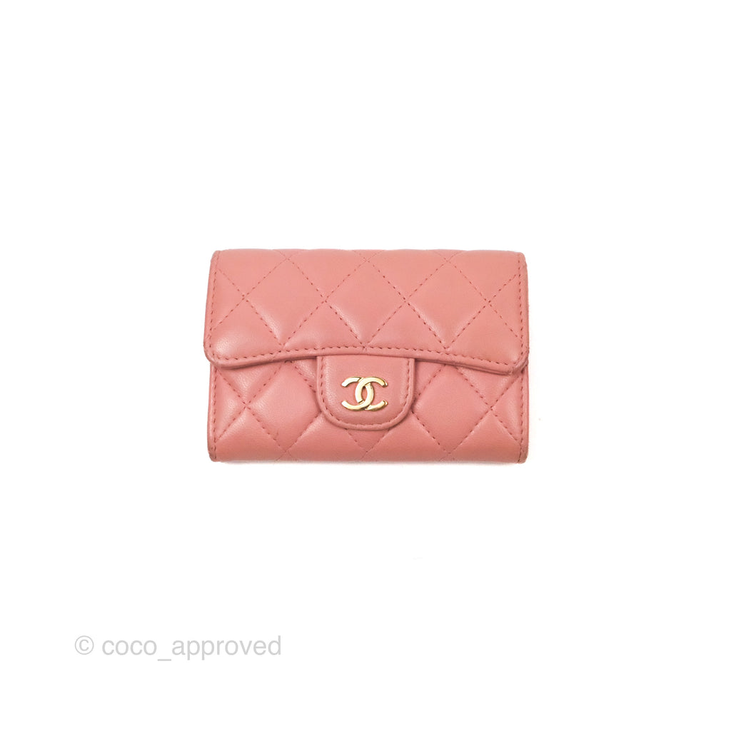 Chanel Quilted Flap Card Holder Pink Lambskin Gold Hardware