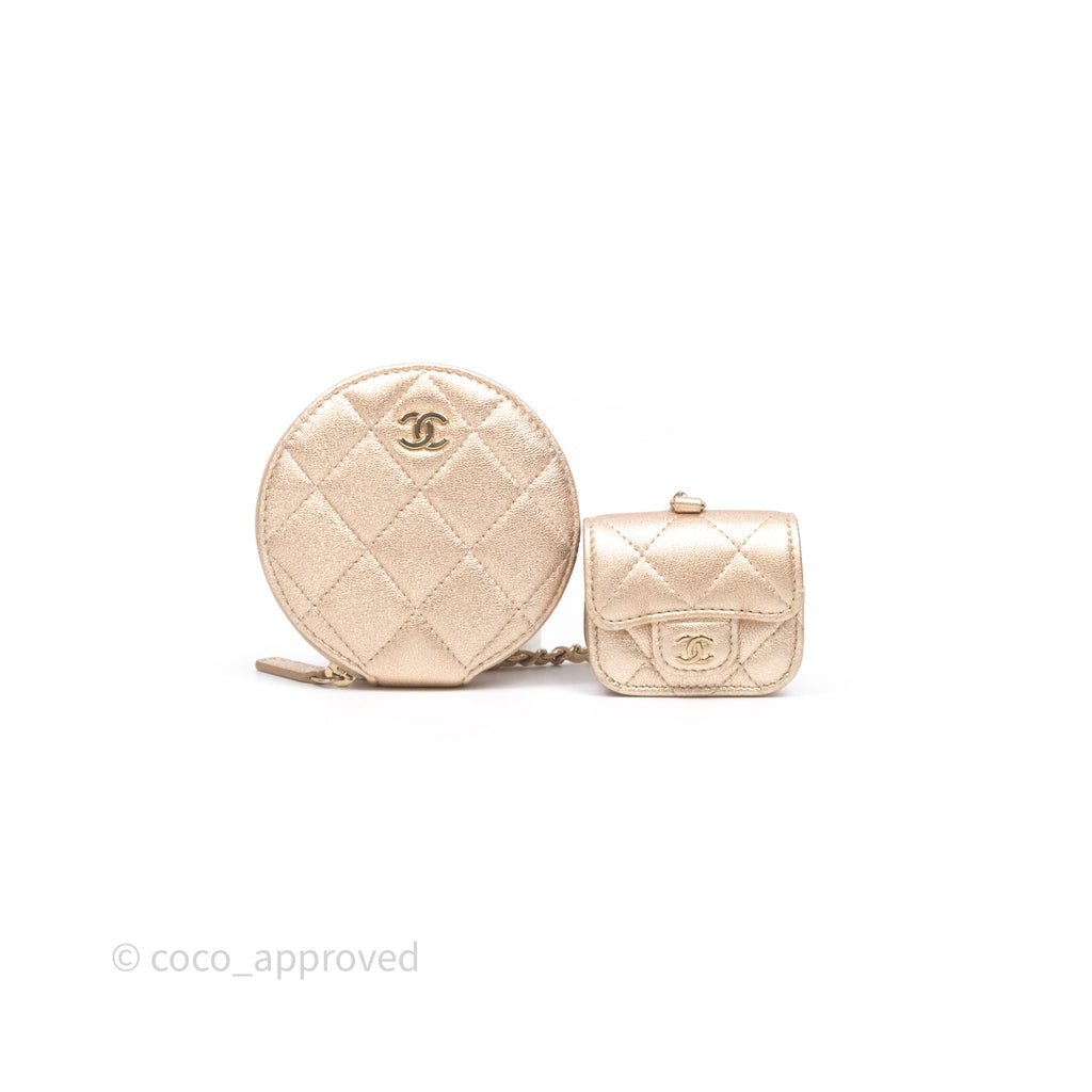 Chanel Quilted Round Coin Purse With Airpods Case Lambskin Metallic Gold Gold Hardware