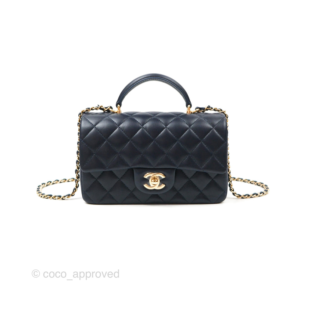 Chanel Top Handle Mini Rectangular Flap Bag Navy Lambskin Gold Hardware