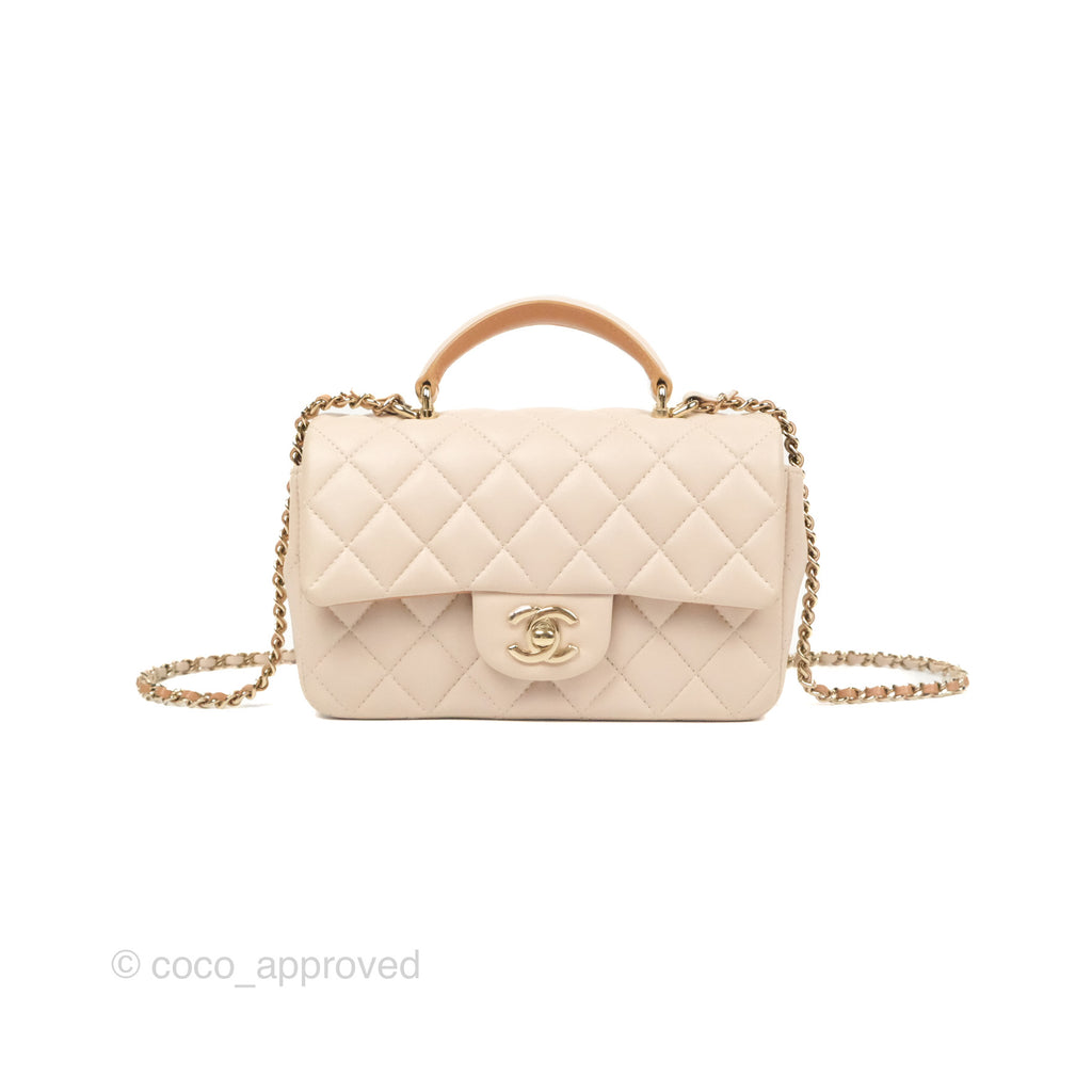 Chanel Top Handle Mini Rectangular Flap Bag Ecru/Beige Lambskin Gold Hardware 23P