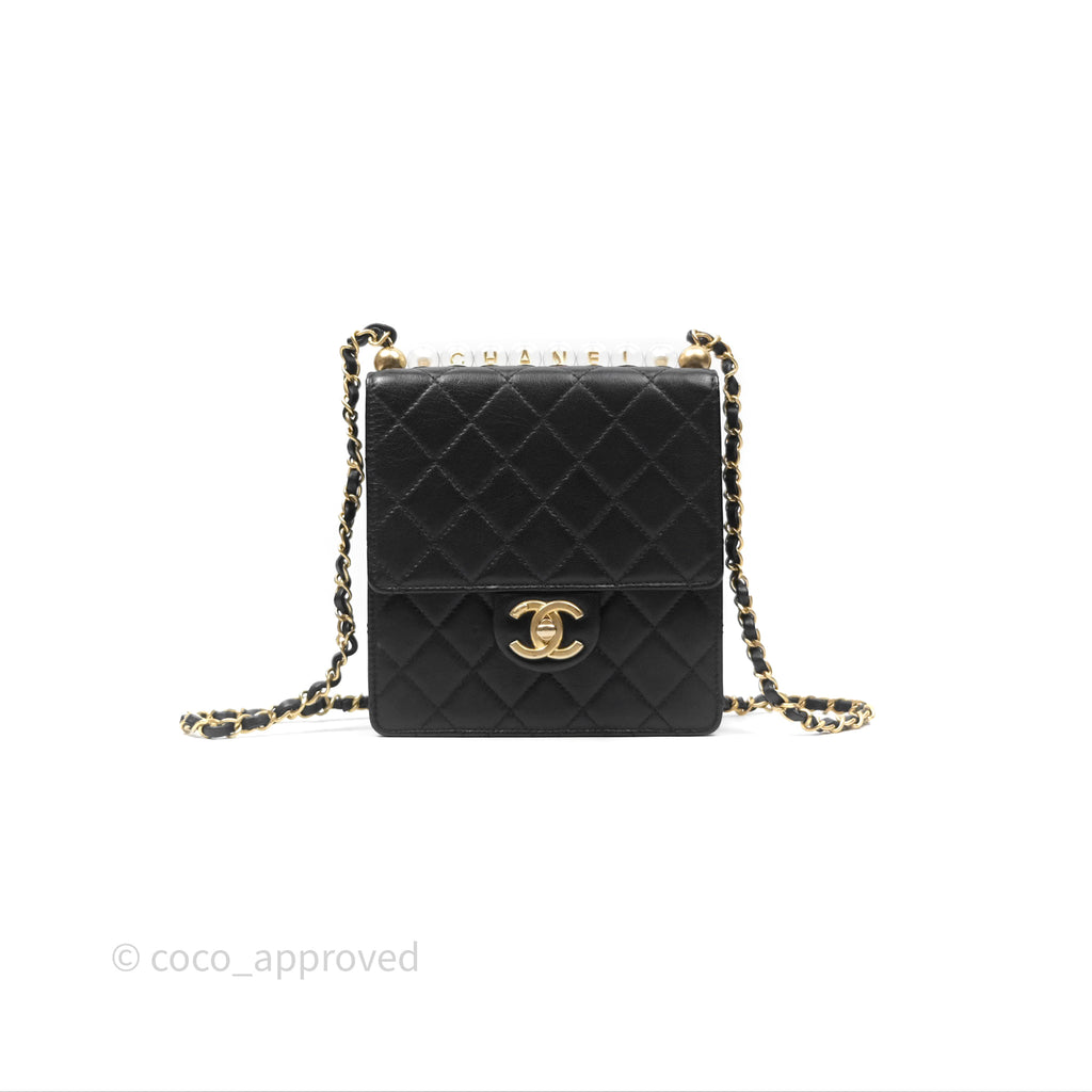 Chanel Quilted Chic Logo Pearls Flap Black Goatskin Aged Gold Hardware