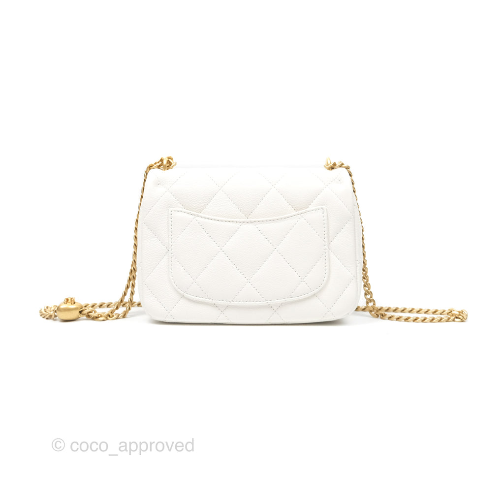 Chanel Mini Flap Bag Heart Adjustable Chain White Caviar Aged Gold Hardware