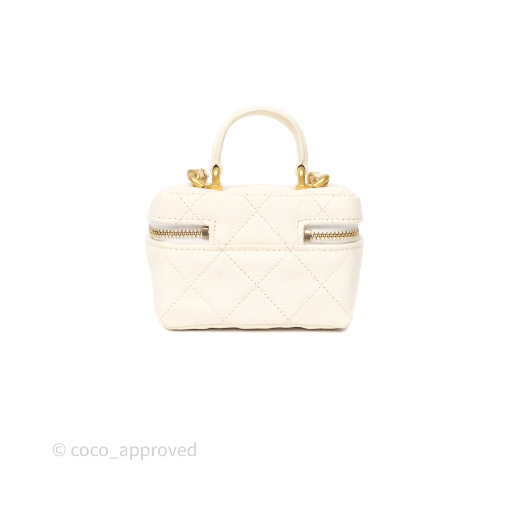 Chanel Quilted Mini Top Handle Vanity With Chain Ivory Caviar Aged Gold Hardware