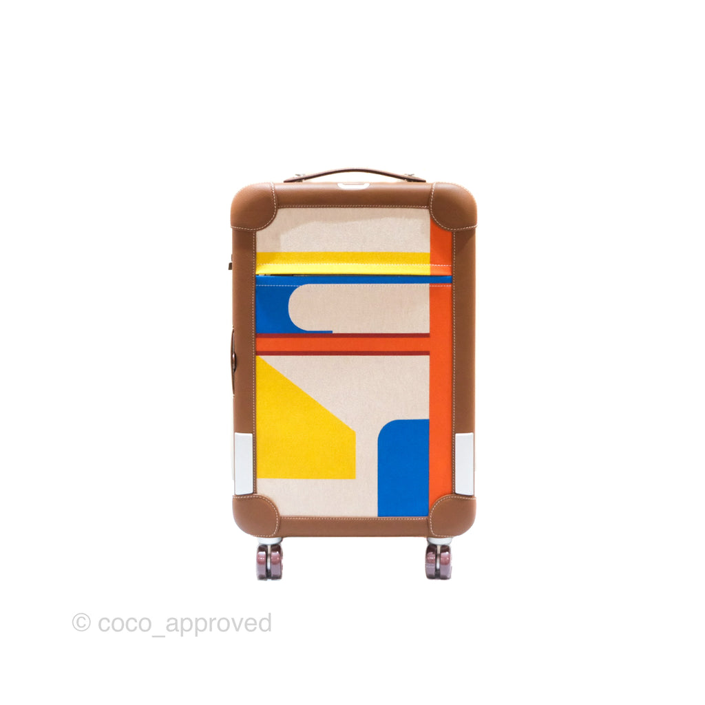 Hermès R.M.S Cabin 55 Suitcase in Ecru-Beige/ Fauve/ Orange Canvas Gold Clemence Palladium Hardware