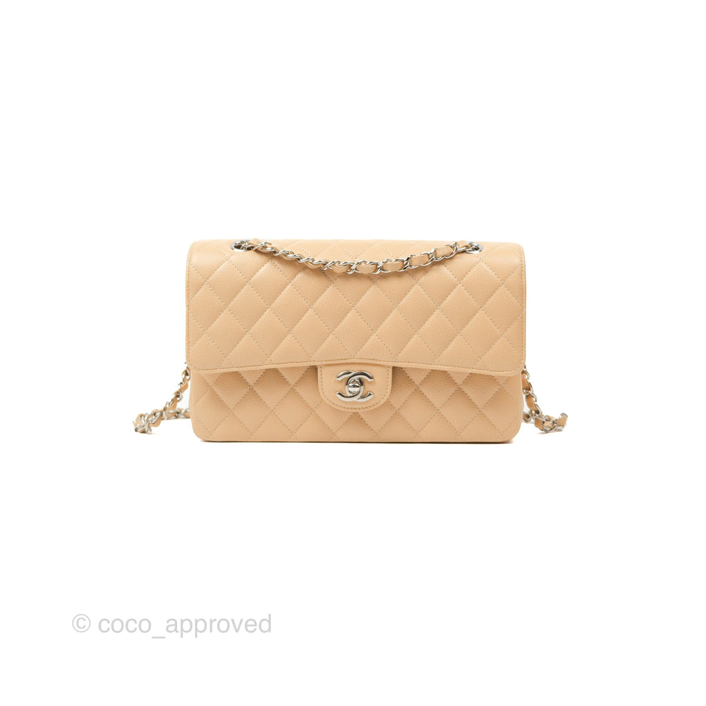 Chanel Classic M/L Medium Flap Quilted Beige Caviar Silver Hardware