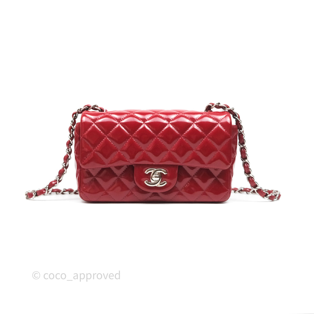 Chanel Quilted Mini Rectangular Flap Red Patent Silver Hardware