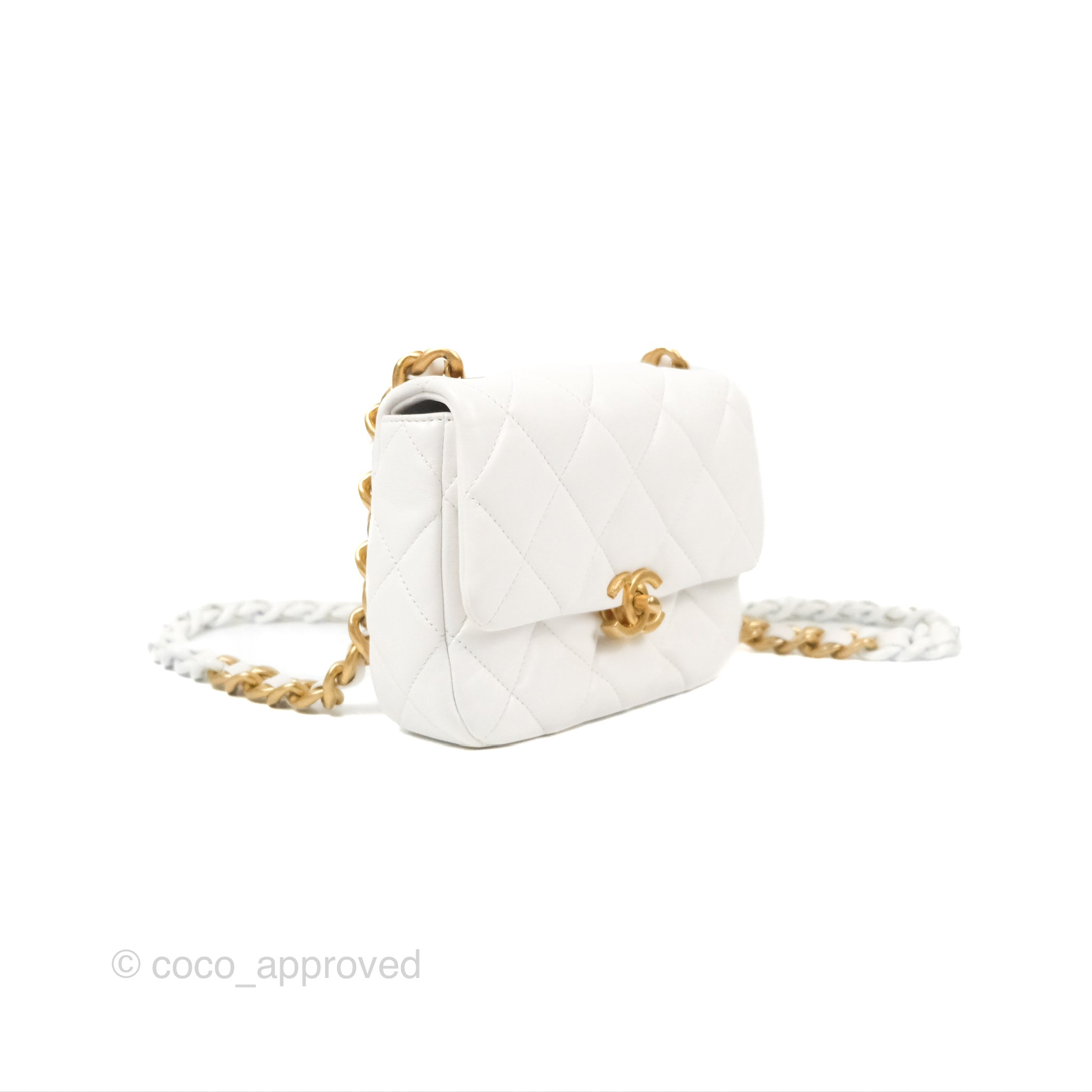 Chanel Small Flap Bag White Lambskin Aged Gold and Lacquered Metal 22S –  Coco Approved Studio
