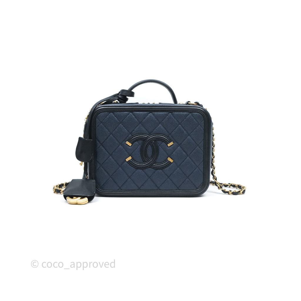 Chanel Quilted Medium CC Filigree Vanity Case Dark Navy Caviar Gold Hardware