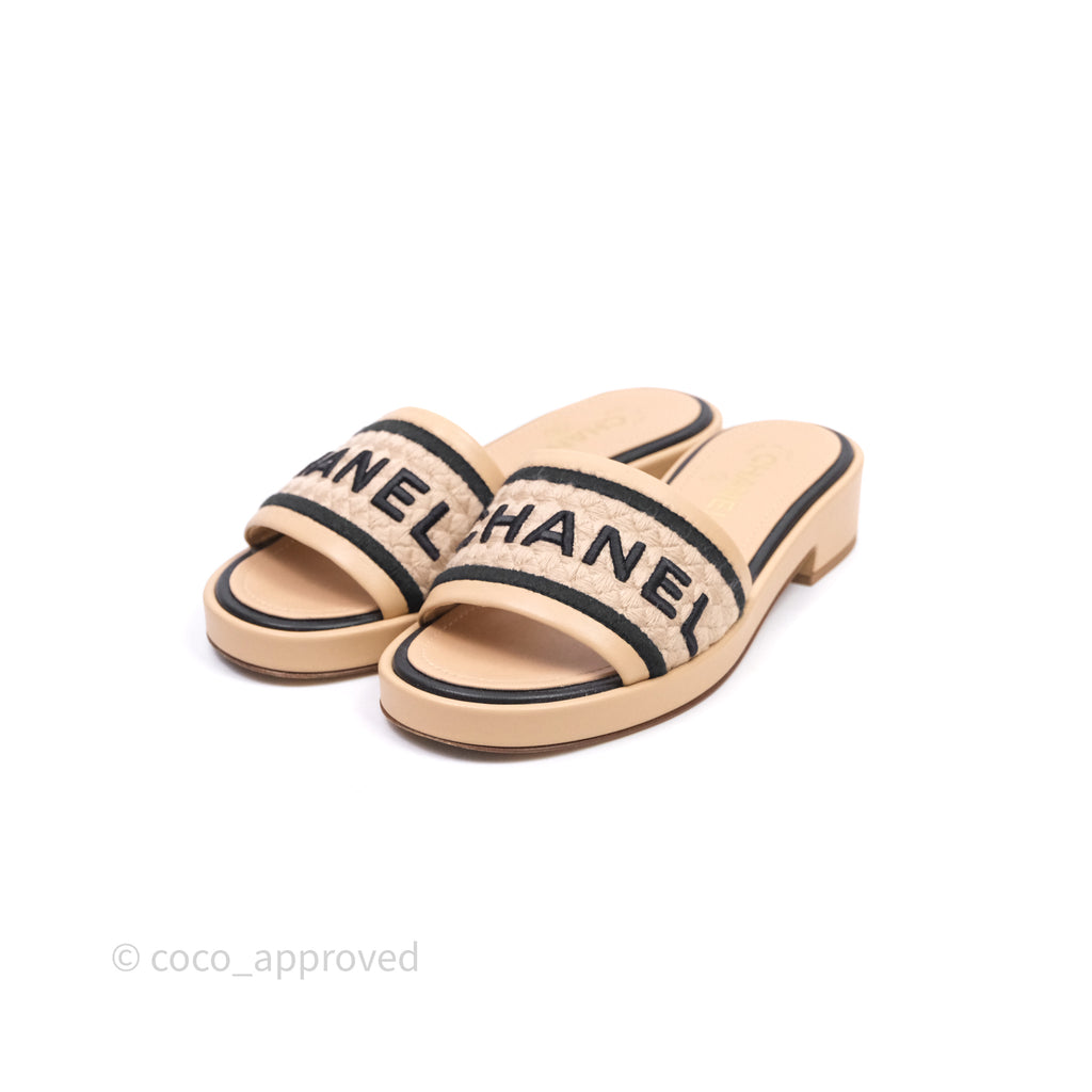 Chanel Logo Slippers Beige Size 37.5