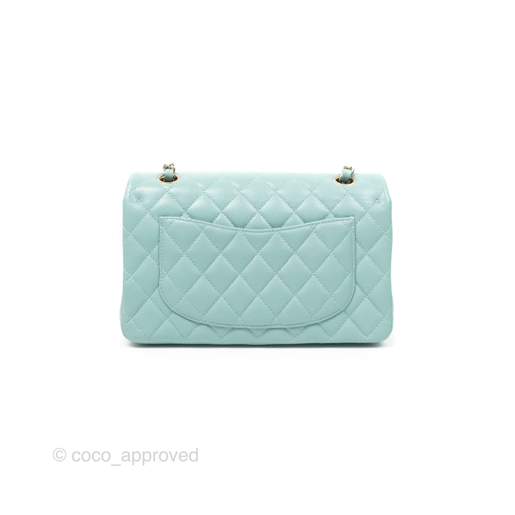 Chanel Small Classic Quilted Flap Tiffany Green Caviar Gold Hardware