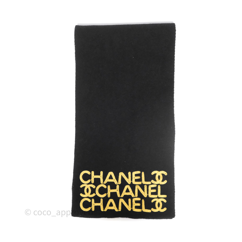 Chanel Gold Logo Wool Cashmere Scarf Black