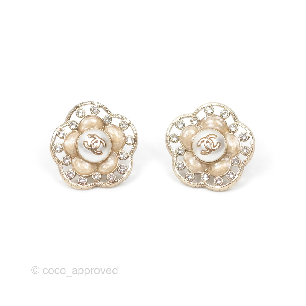 Chanel Crystal Pearl CC Flower Earrings Gold Tone 21B 