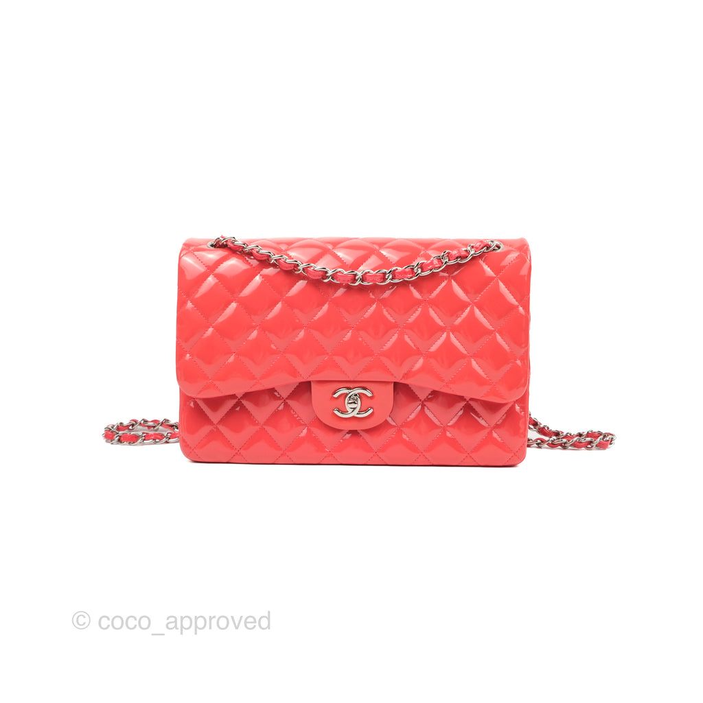 Chanel Jumbo Double Flap Coral Pink Patent Silver Hardware⁣⁣