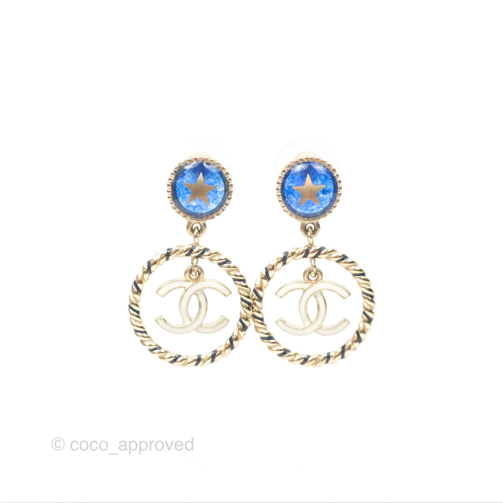 Chanel Round Blue Star Twist Circle White CC Drop Earrings Gold Tone 19C