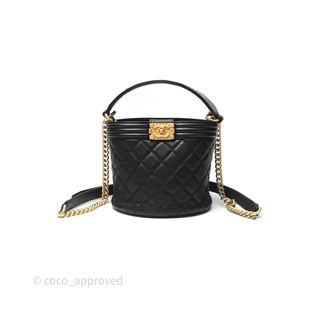 Chanel Quilted Boy Bucket Bag Black Lambskin Aged Gold Hardware