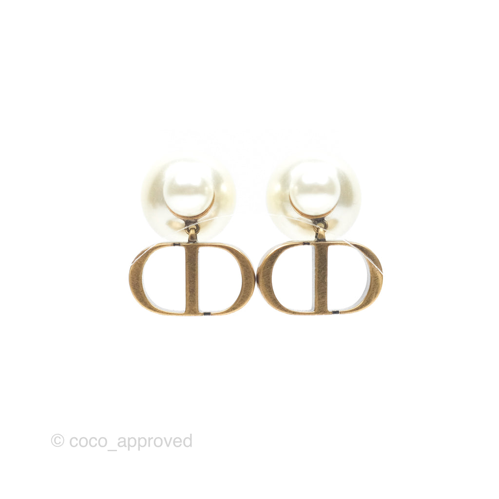 Christian Dior Tribales Pearl CD Earrings Gold Tone