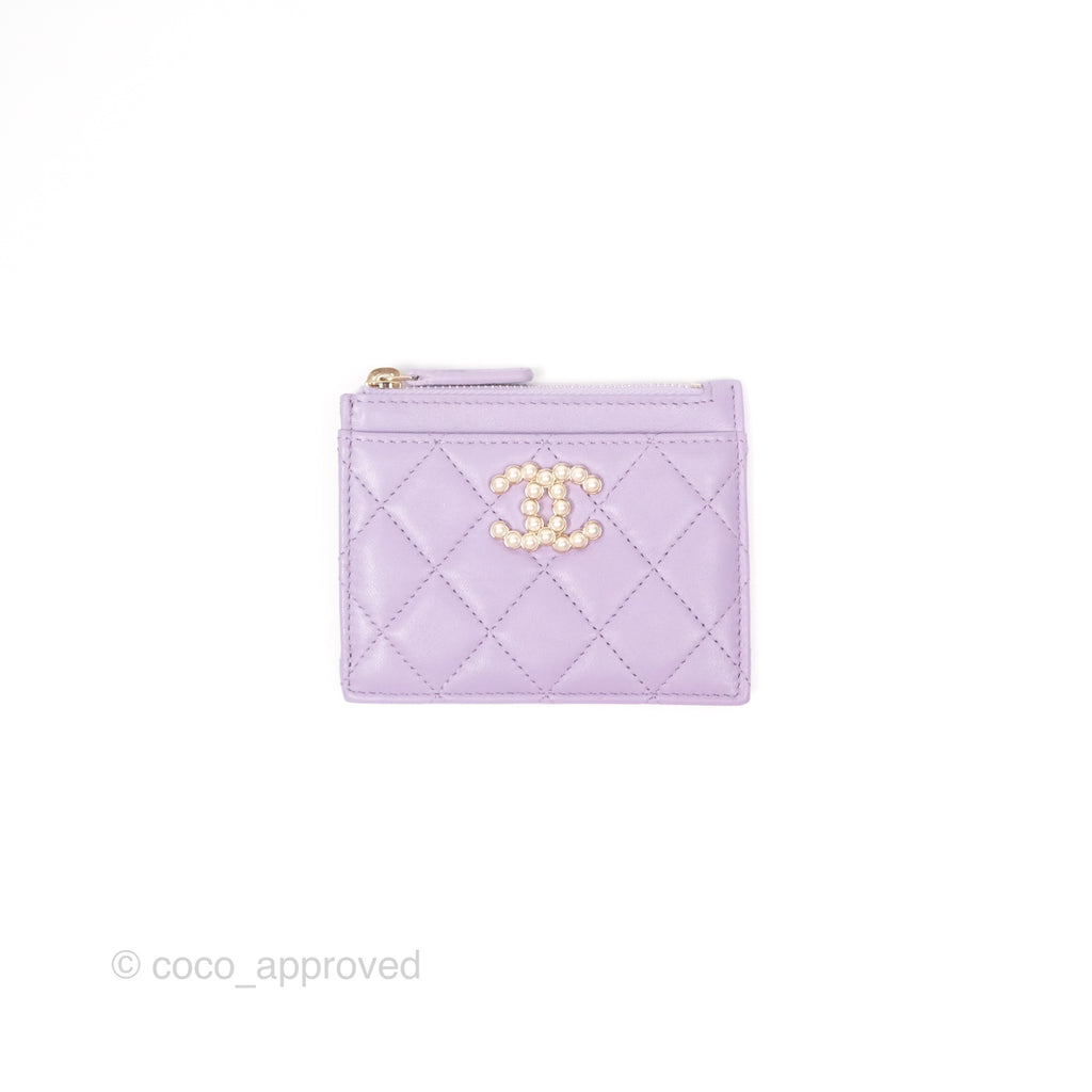 Chanel Pearl CC Zipped Card Holder Lilac Lambskin Gold Hardware