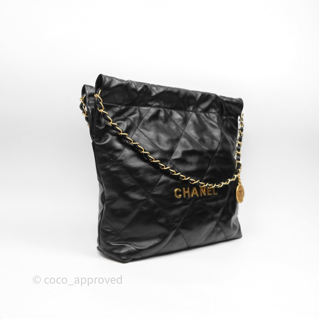 Chanel 22 Bag Small Black Crumpled Calfskin Aged Gold Hardware