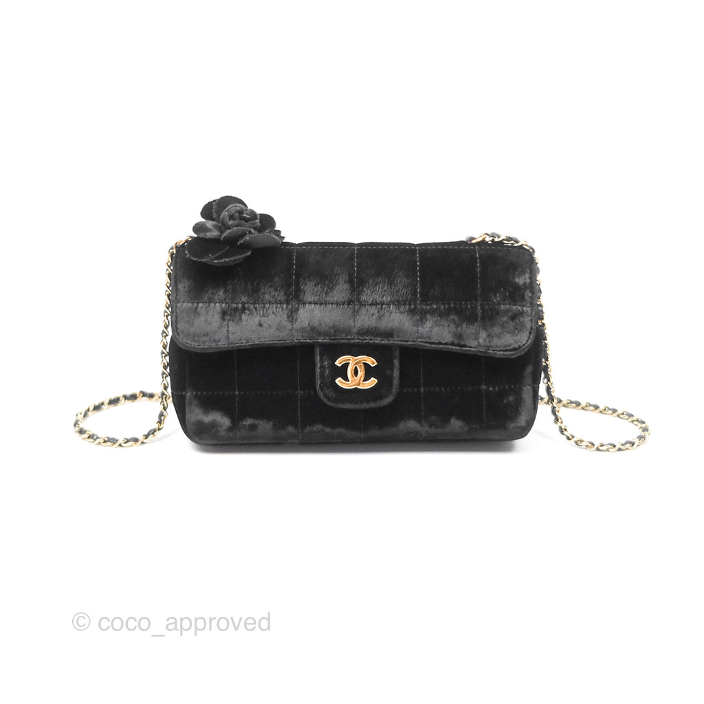 Chanel Vintage Mini Chocolate Bar Camellia Flap Black Velvet Gold Hardware