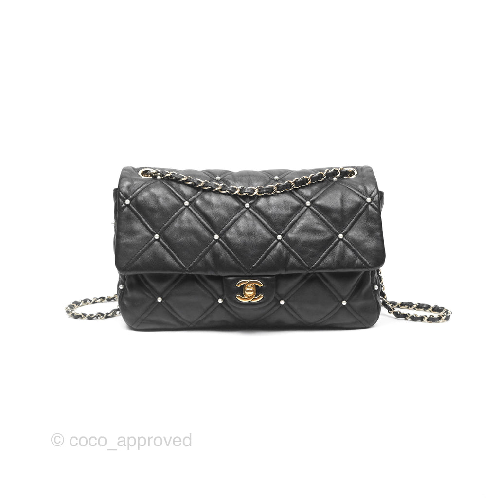 Chanel Pearl Studded Diamond Quilted Flap Bag Black Calfskin Gold Hardware