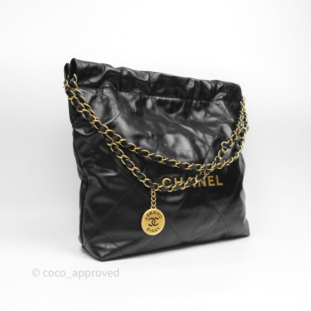 Chanel 22 Small Black Shiny Calfskin Aged Gold Hardware