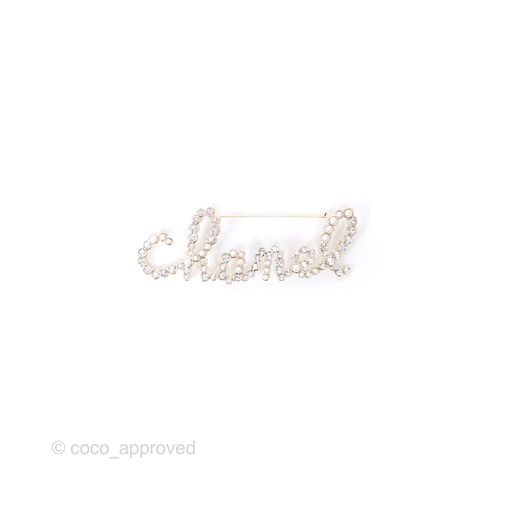 Chanel Logo Pearl Crystal Brooch Gold Tone 20V