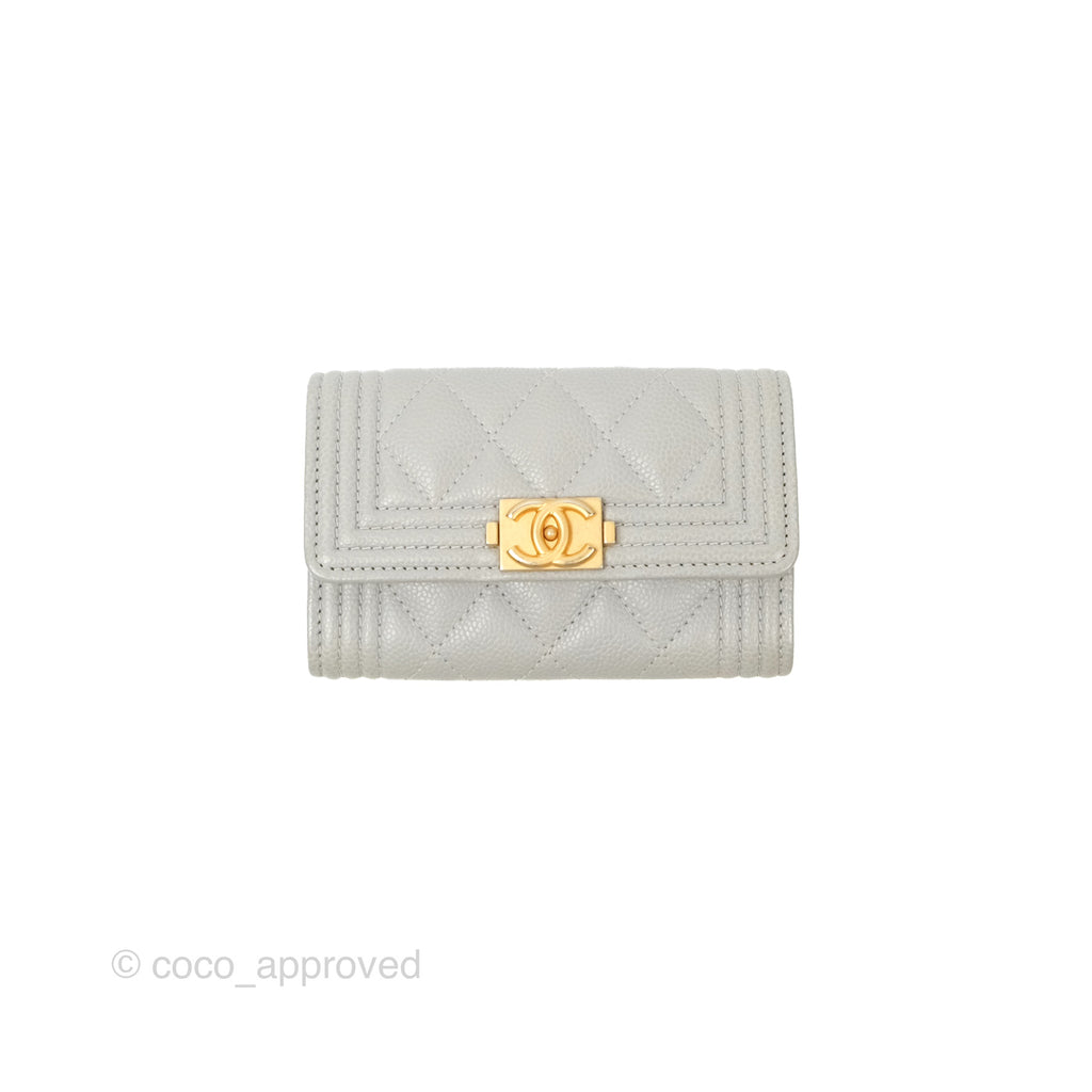 Chanel Boy Quilted Flap Card Holder Grey Caviar Aged Gold Hardware