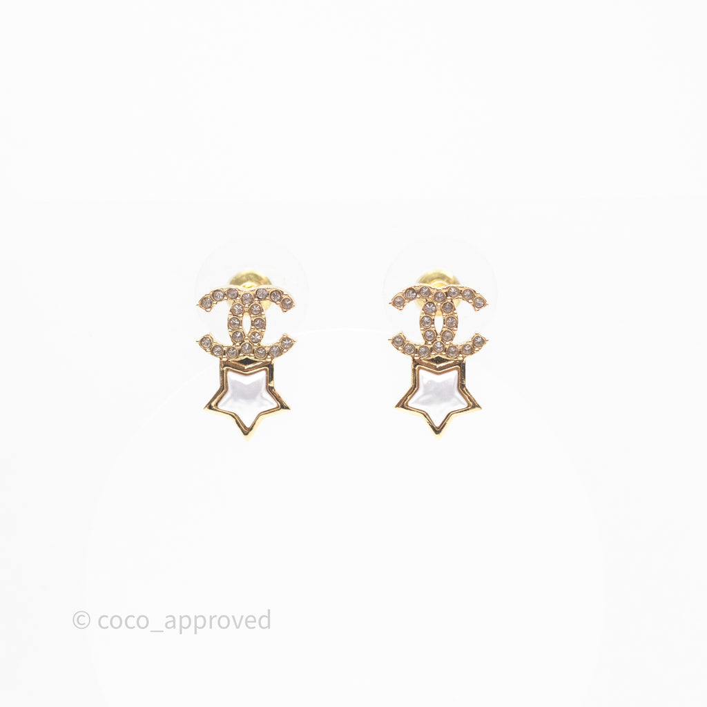 Chanel Crystal CC Star Earrings Gold Tone 24C