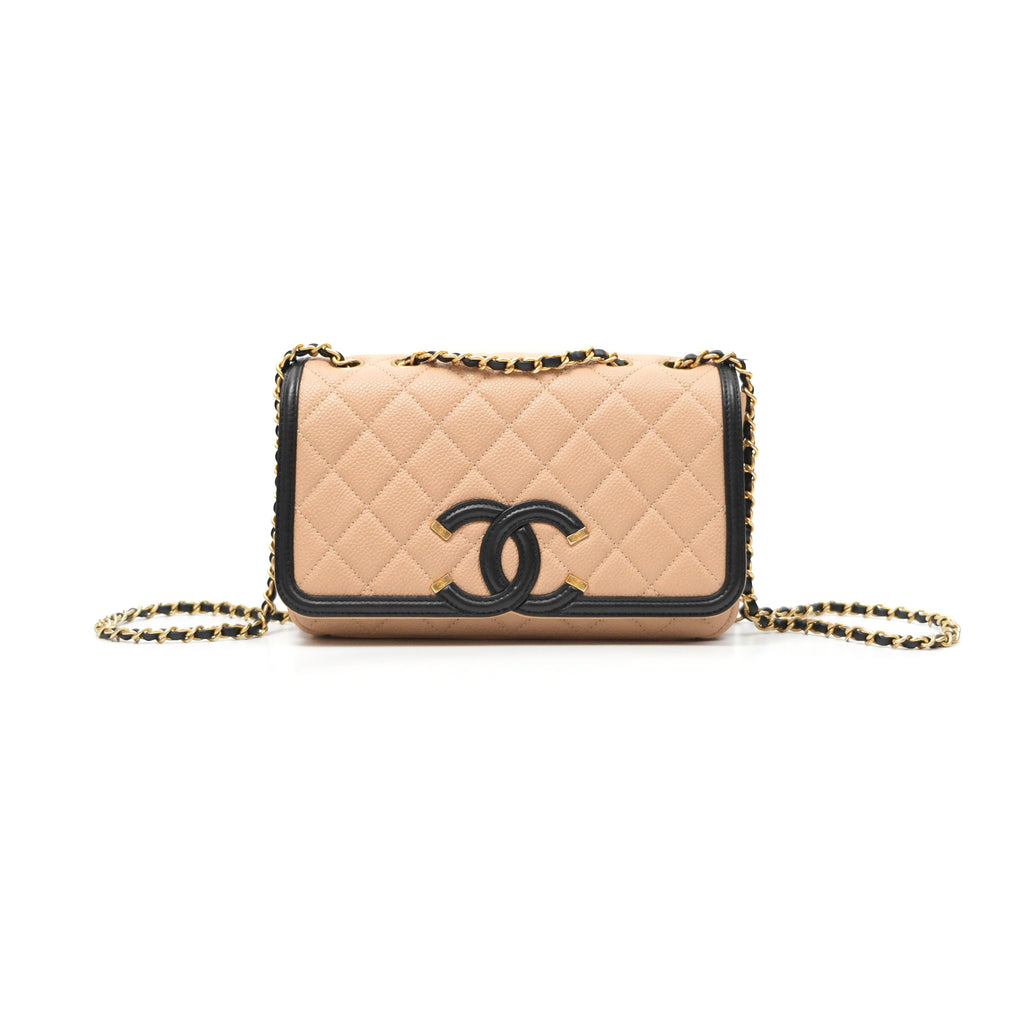 Chanel Quilted Small CC Filigree Flap Beige Black Caviar