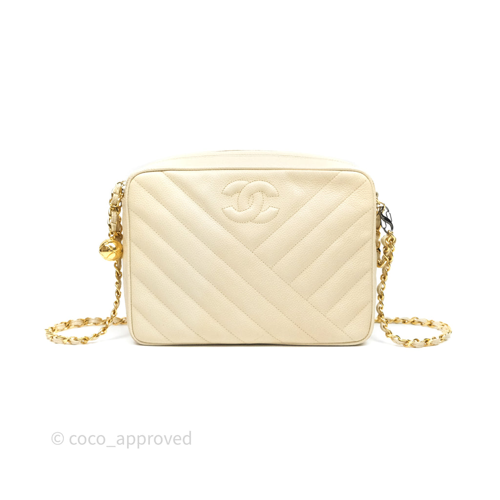 Chanel Vintage Chevron Camera Bag Light Beige Caviar Gold Hardware