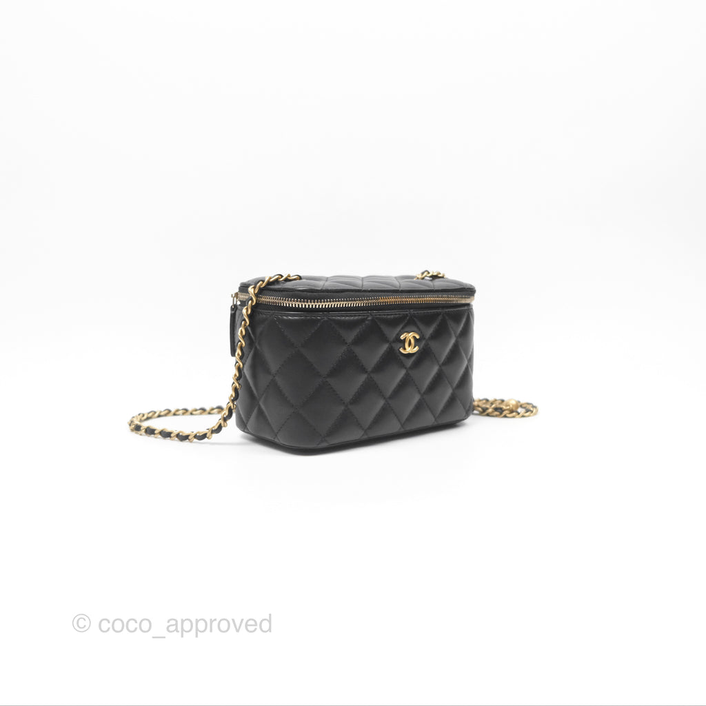 Chanel Pearl Crush Vanity With Chain Black Lambskin Aged Gold Hardware