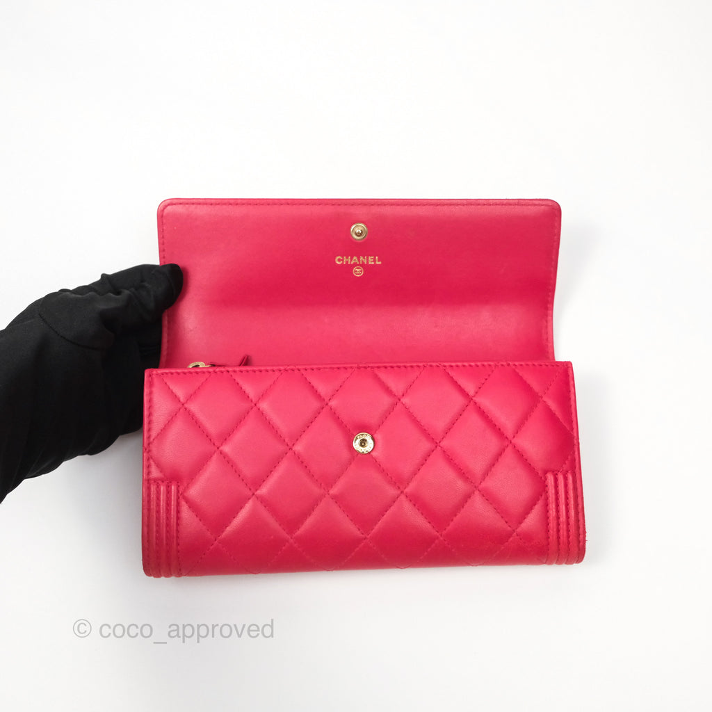 Chanel Quilted Boy Flap Long Wallet Red Lambskin Gold Hardware