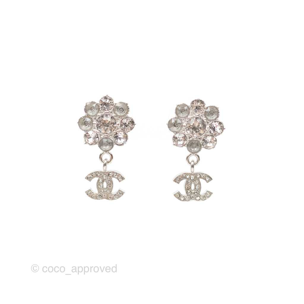 Chanel Crystal CC Flower Earrings Silver Tone 15A