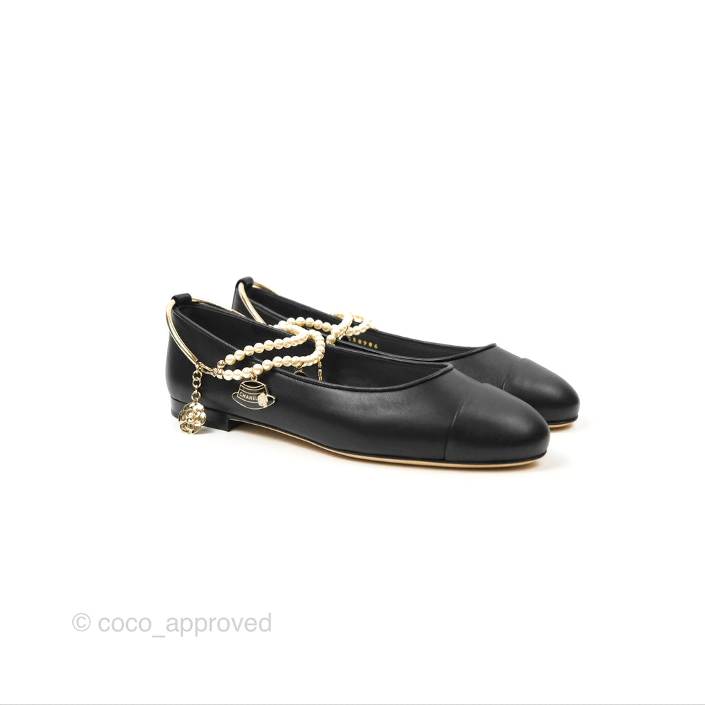 Chanel Ankle Double Pearl Pendant Flat Ballerinas Black Lambskin Size 37