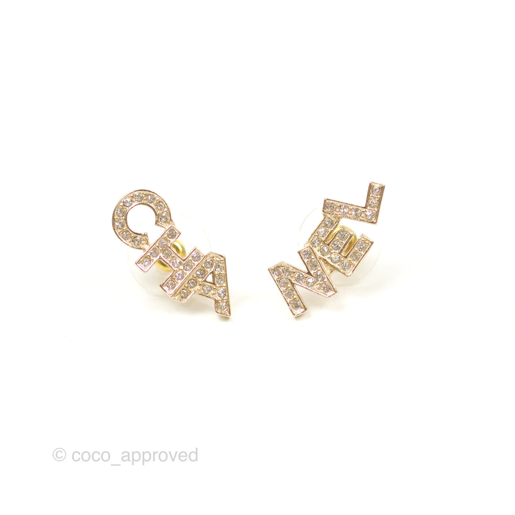 Chanel Logo CHA-NEL Crystal Earrings Gold Tone 20B