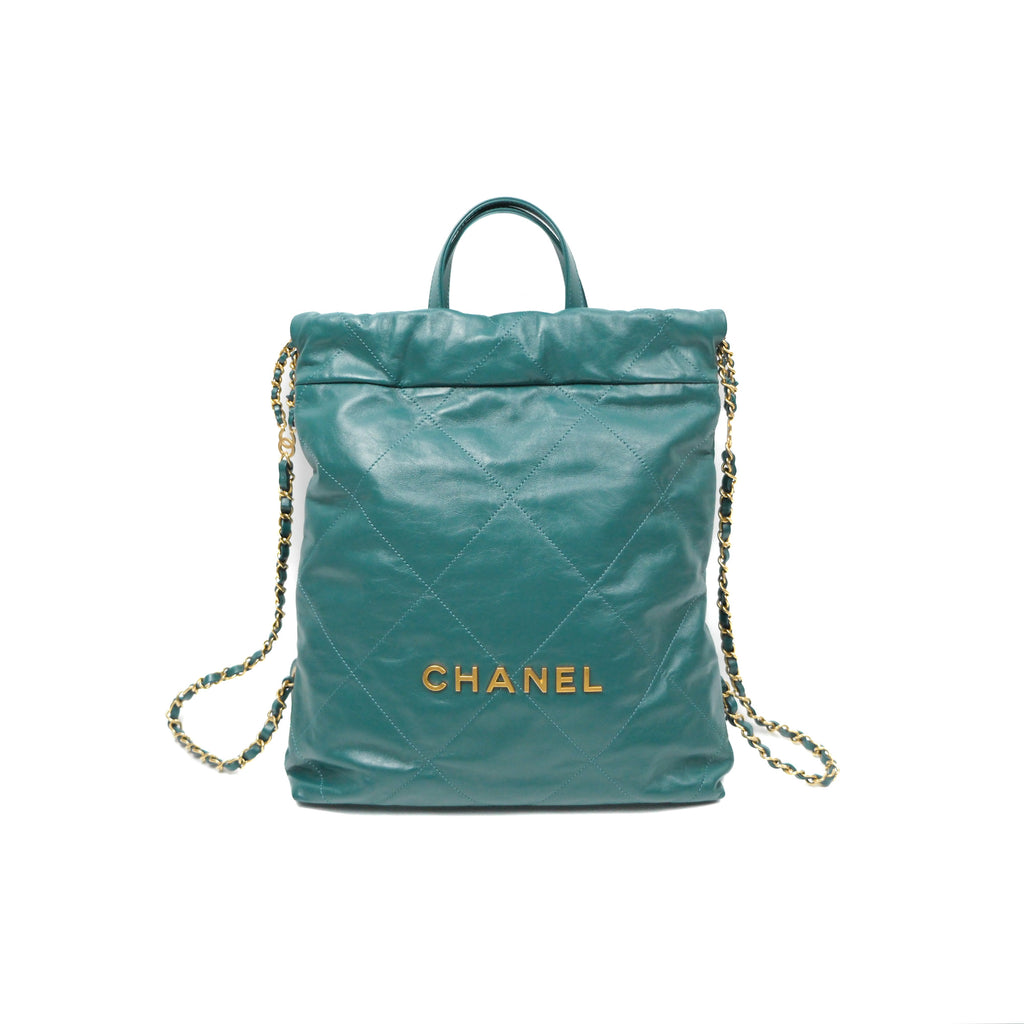 Chanel 22 Small Quilted Backpack Green Shiny Calfskin