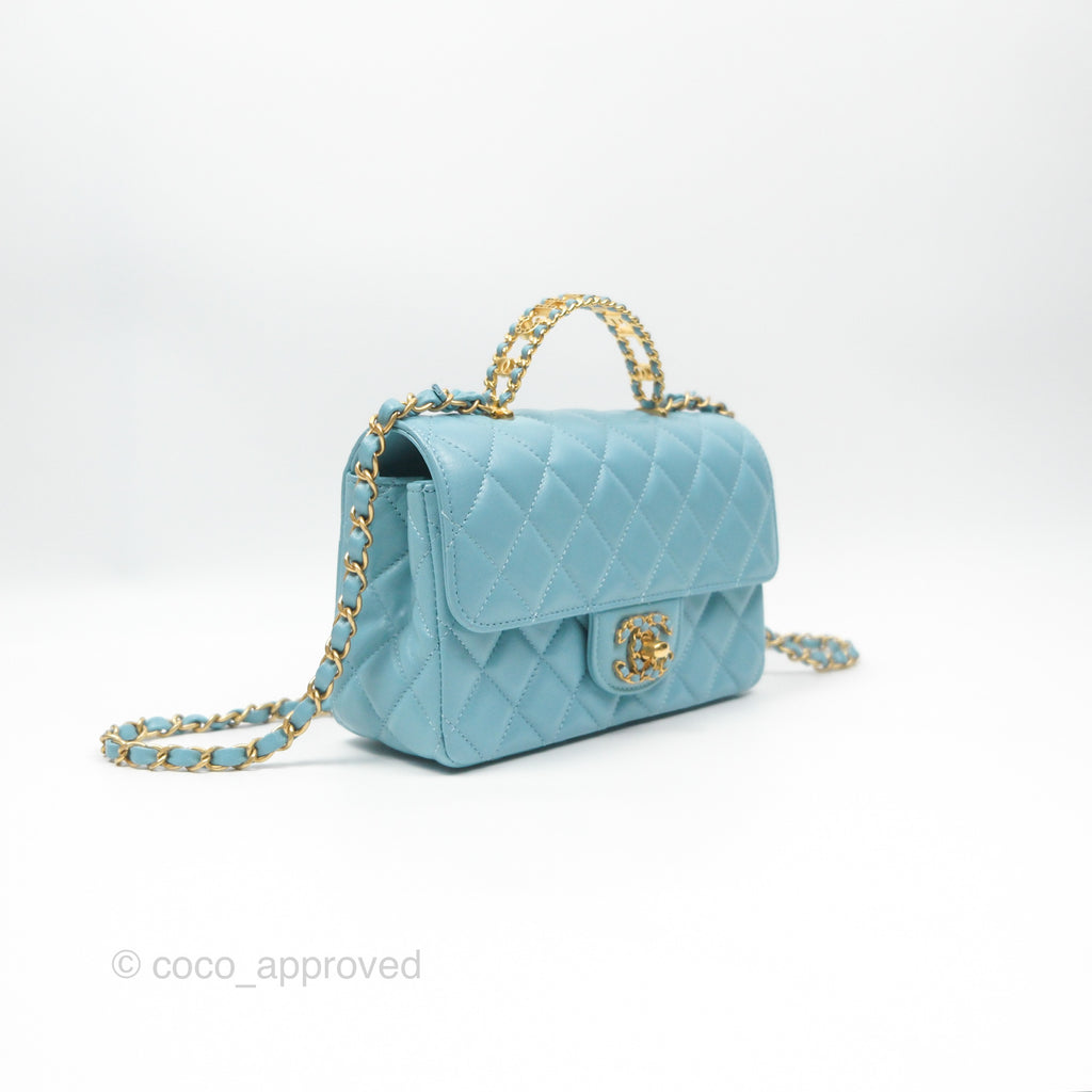 Chanel Flap Bag with Crystal Logo Top Handle Tiffany Blue Lambskin Aged Gold Hardware