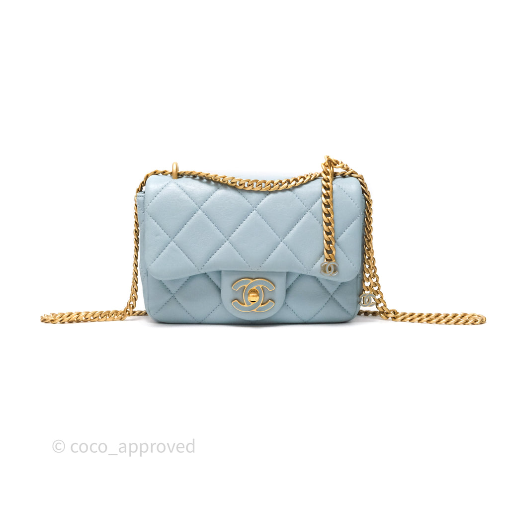 Chanel Quilted Enamel Pending CC Mini Square Flap Baby Blue Lambskin 22P